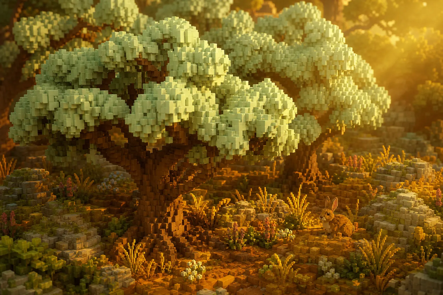 A voxel oak wood at golden hour with its canopy rendered a washed-out pale mint instead of deep green.