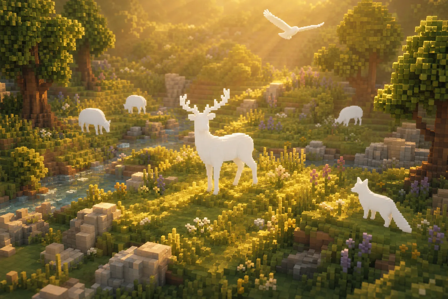 An aerial golden-hour view of a voxel meadow whose animals are all rendered as featureless flat-white shapes against warm grass and trees.