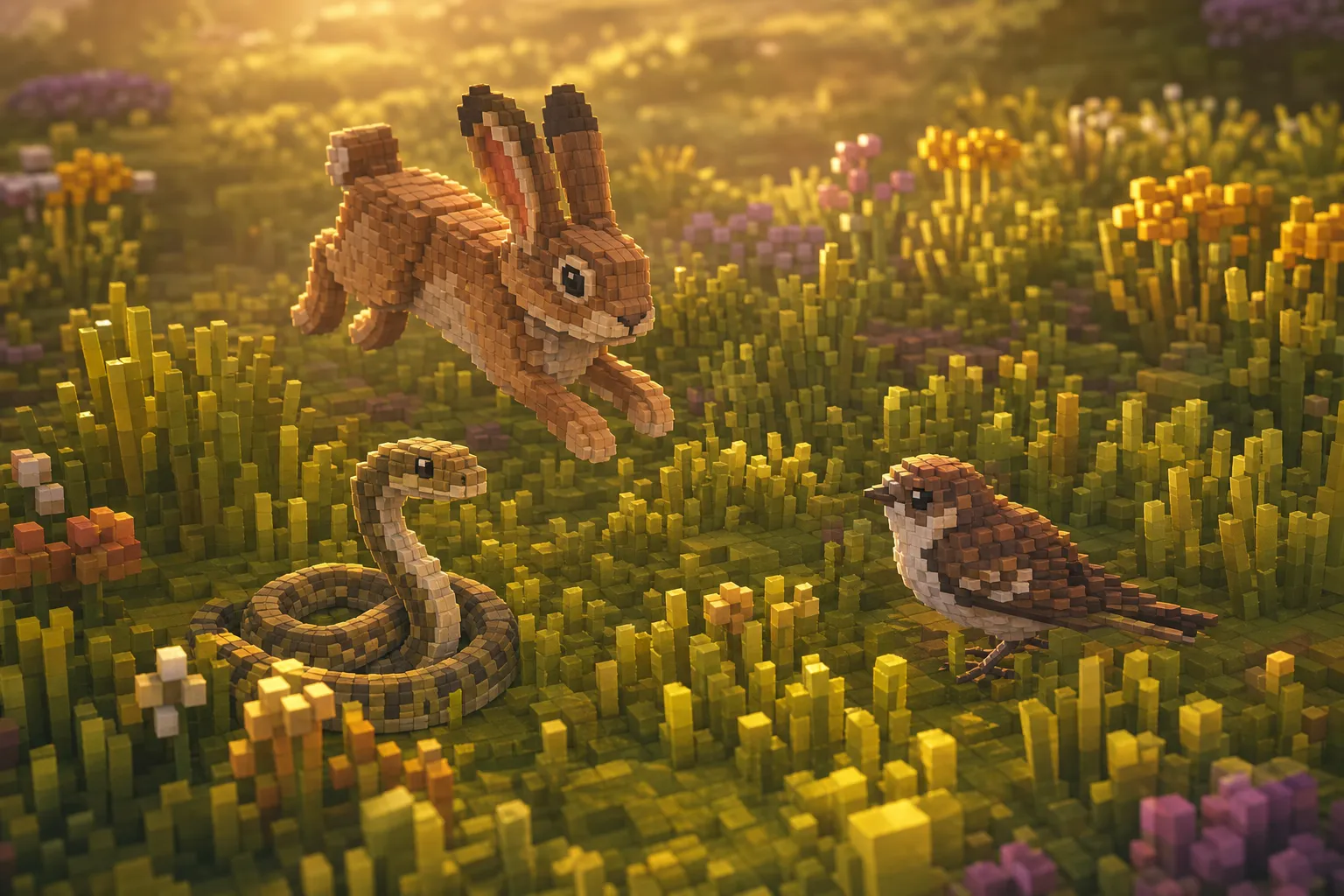 A golden-hour voxel meadow holding several different small animals: a hopping long-eared mammal, a coiled snake, and a low bird among the grass.