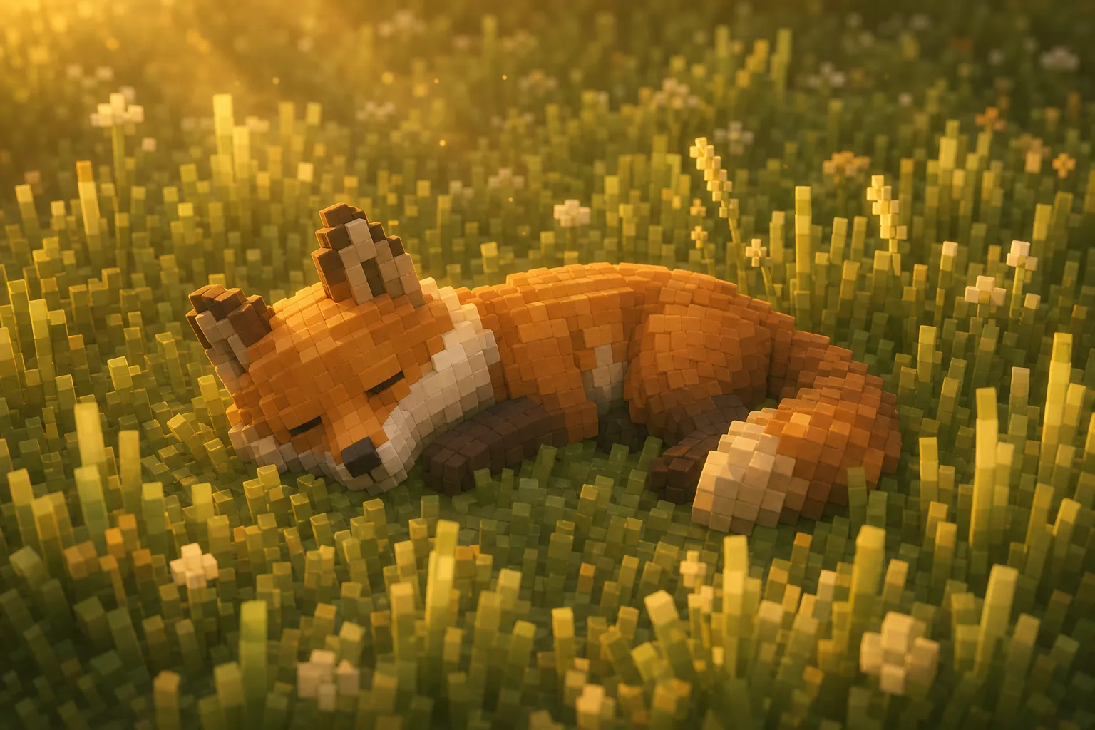 A single small voxel animal lying on its side in tall golden-hour grass, its colours softly muted.