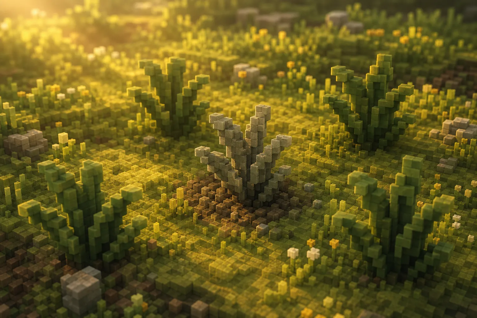 A small voxel plant standing muted and colourless among deep-green living plants of the same kind in warm low light.
