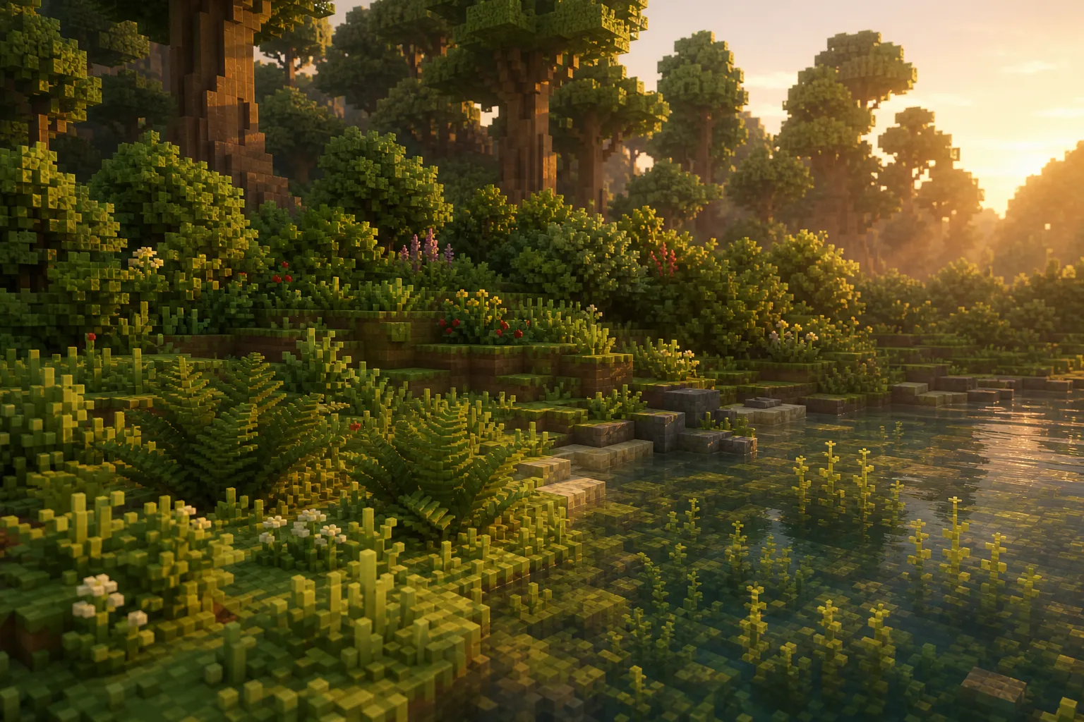 A golden-hour voxel clearing with tall trees, shrubs beneath them, small tufts and ferns on the ground, and pond weed under the surface of shallow water at the edge.