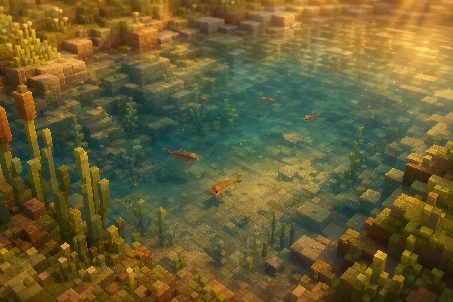 A few small fish drifting beneath the clear golden surface of a shallow voxel lake, over a softly shaded bed with reeds at the edge.