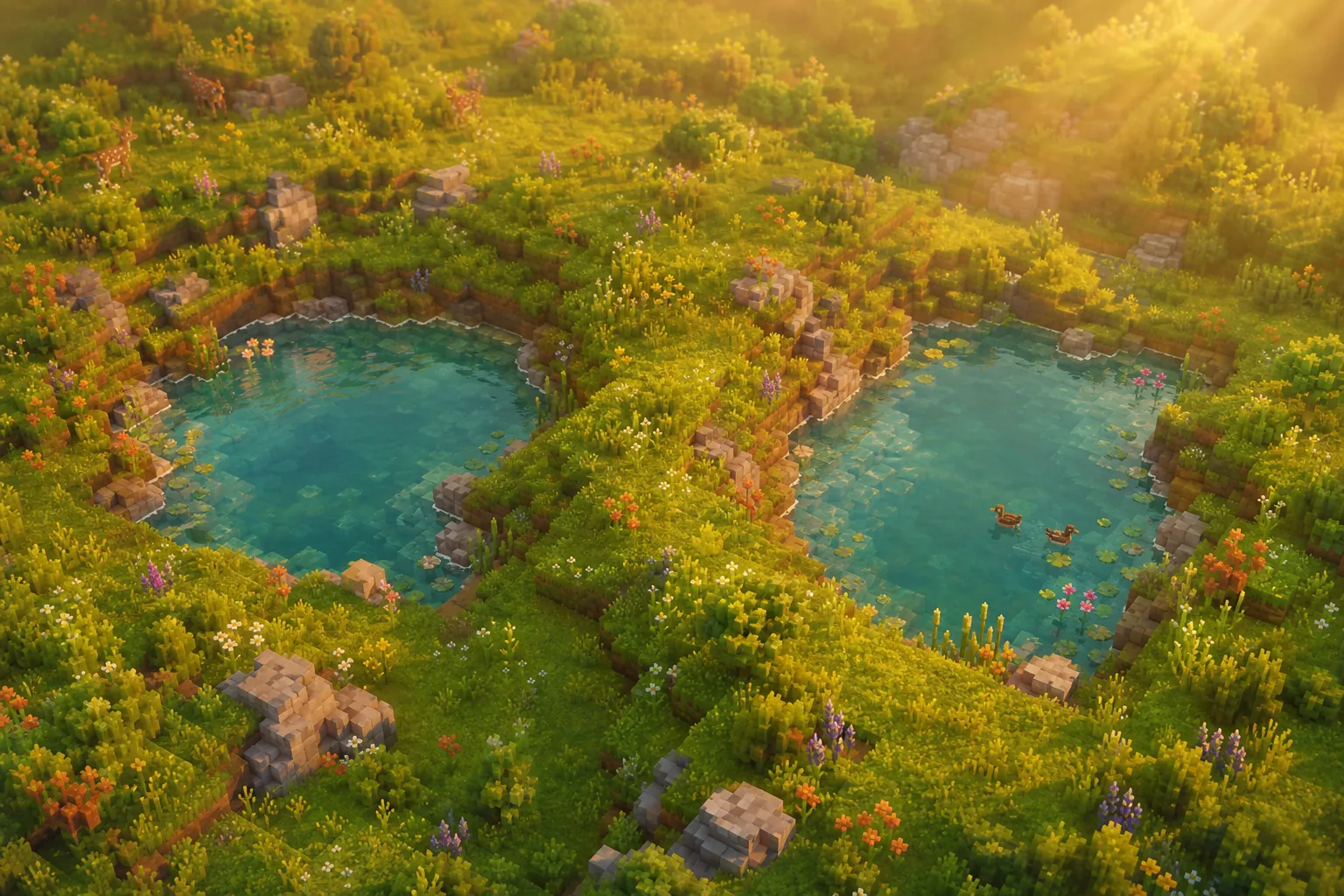 An aerial view of a golden meadow with two small separate ponds nestled in low hollows, divided by a low grassy rise.