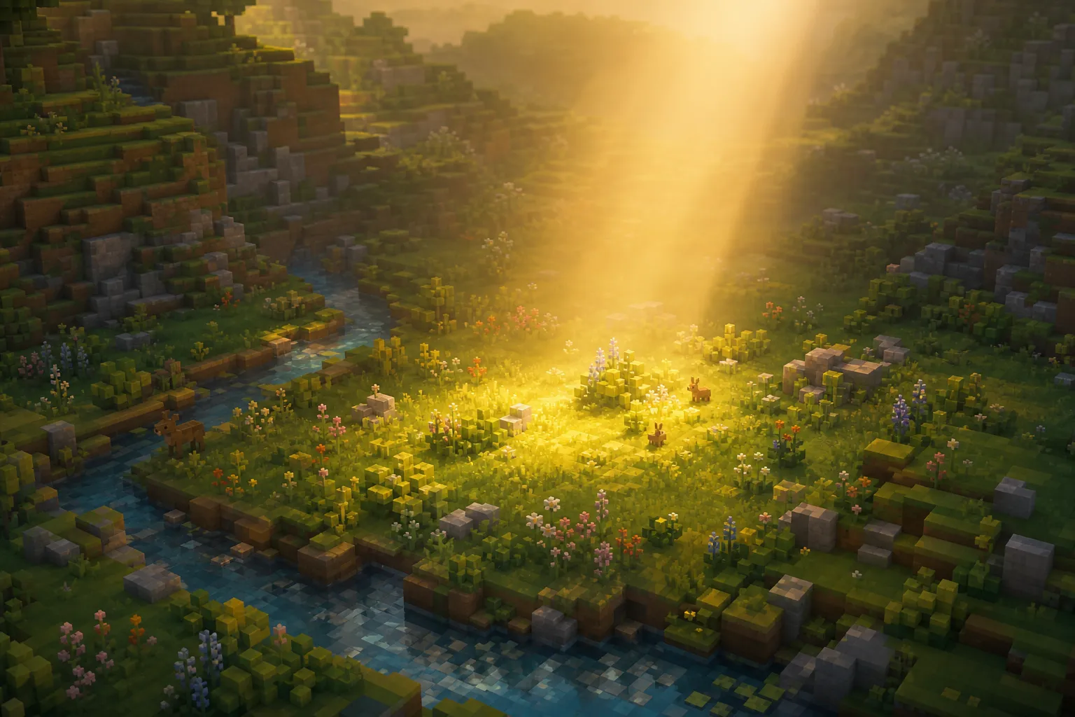 A soft golden-hour voxel valley seen from above, with a single warm shaft of light leaning down to touch one small patch of meadow near the center.