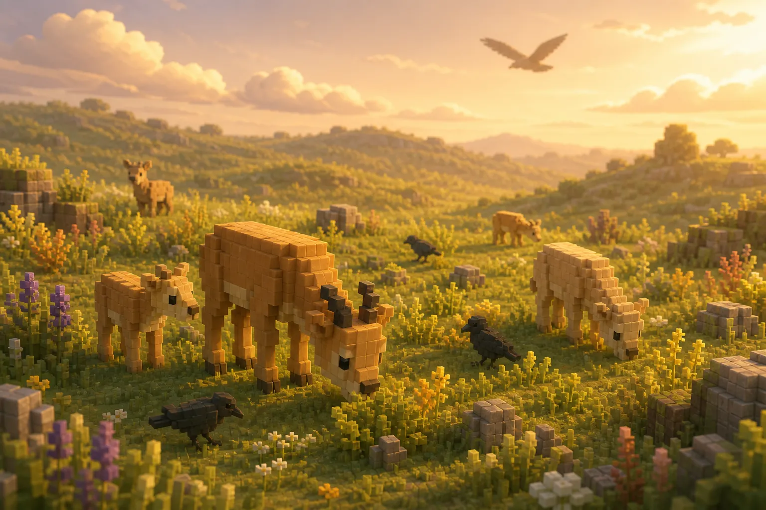 Aerial golden-hour view of a voxel meadow and hills dotted with many small grazing creatures, a few birds among them, and one lone larger shape passing high overhead in the haze.