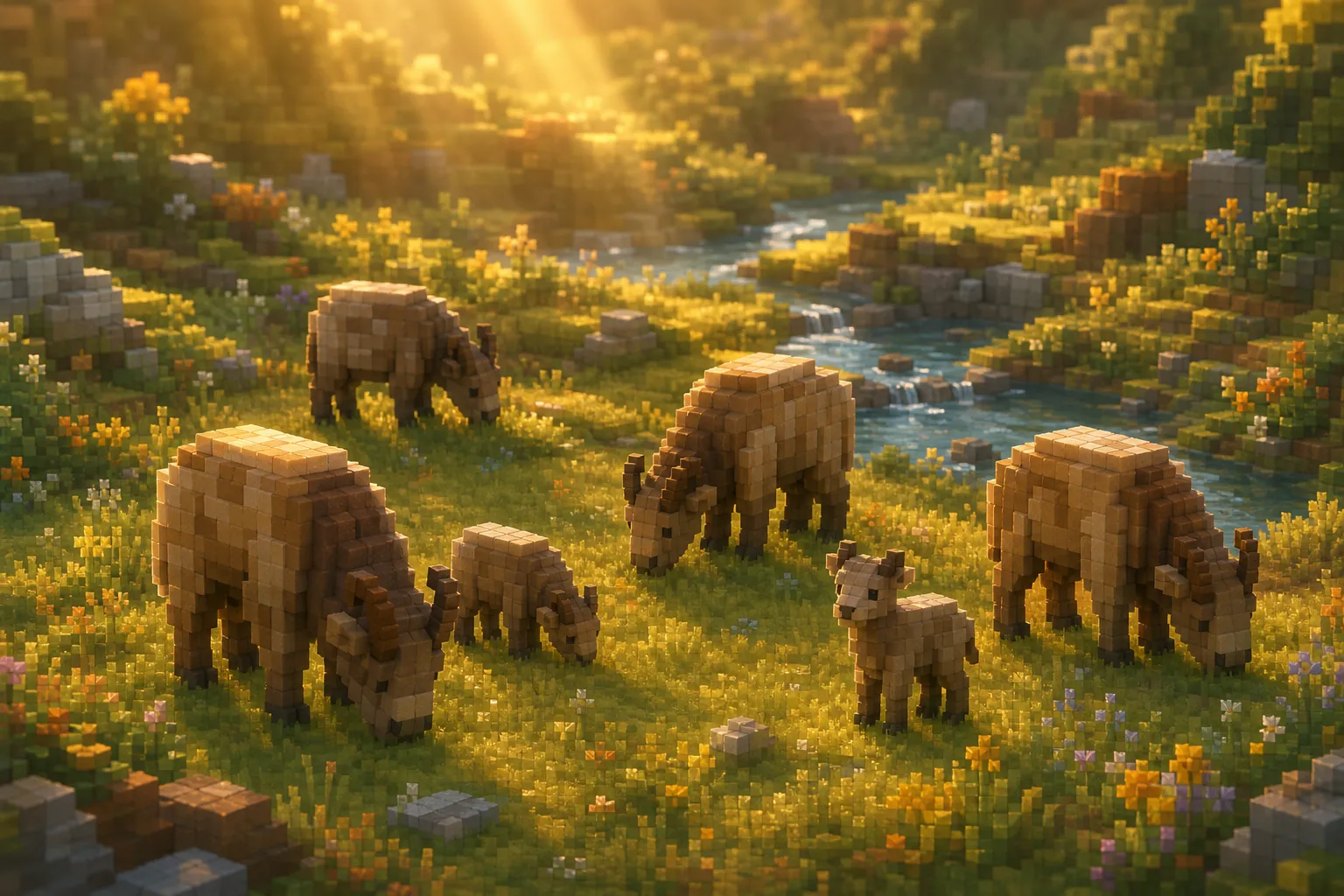A small herd of grazing creatures, a few of them young, spread comfortably across a sunlit voxel meadow by a stream at golden hour.