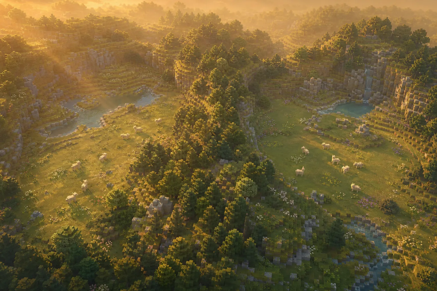 A golden-hour aerial view of two voxel valleys separated by a forested ridge and warm haze, each valley holding its own small scattered herd of pale grazing animals.