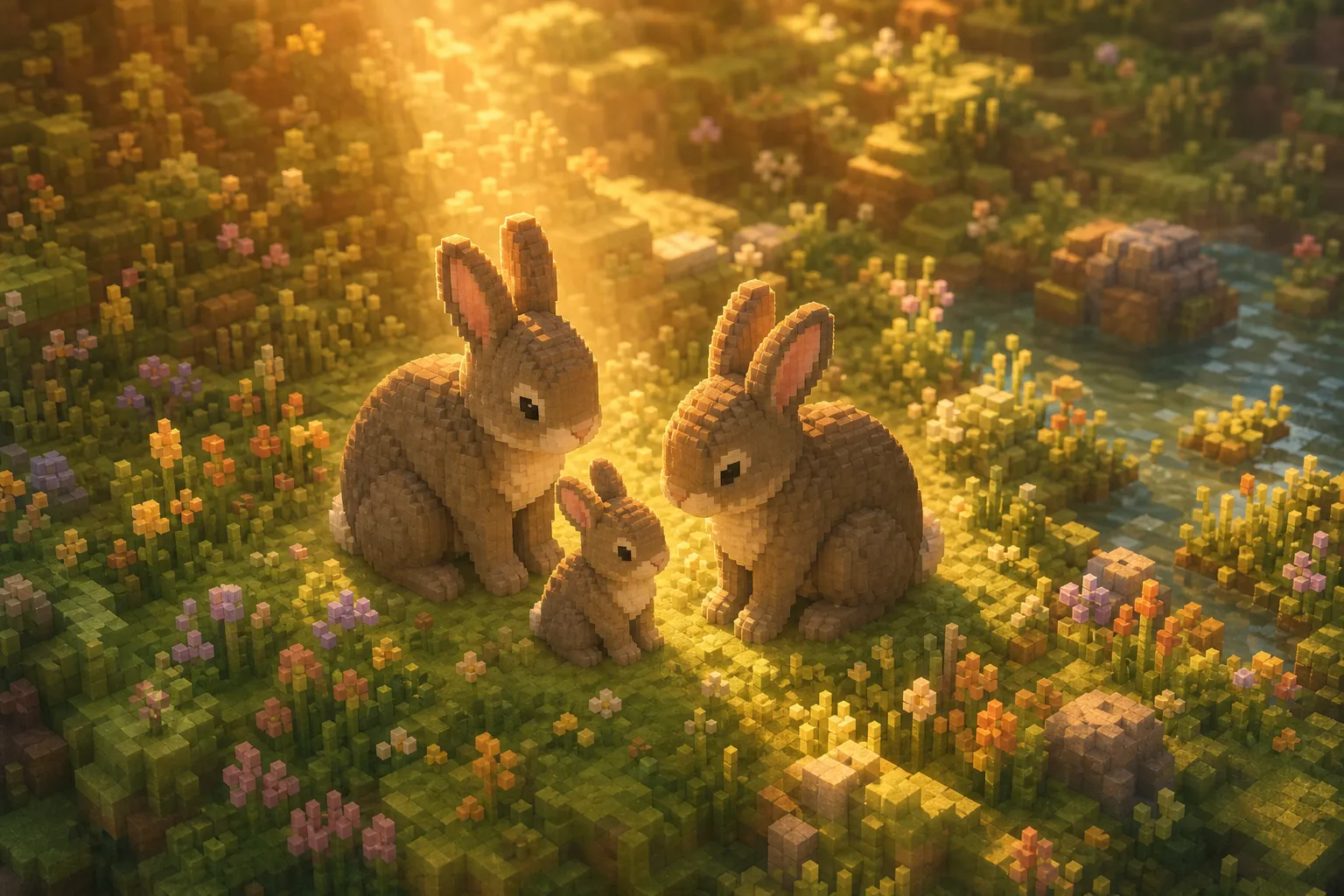 Two adult voxel creatures in a golden-hour meadow standing on either side of a much smaller juvenile of the same kind, the young one about half their height in soft grass under a warm shaft of light.