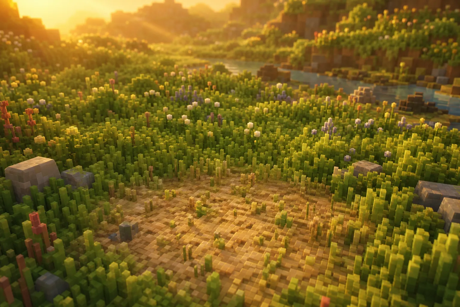 A lush voxel meadow with one small thinned, pale patch grazed down to sparse ground beginning to recover.