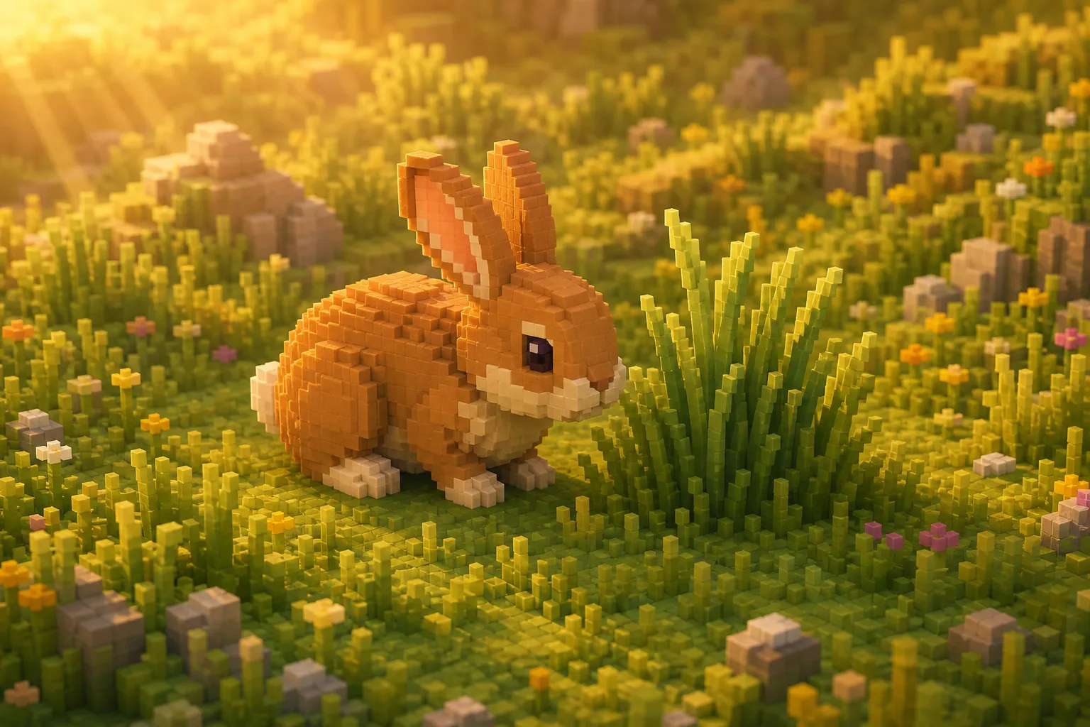A small rabbit standing beside an untouched tuft of grass in a sunlit voxel meadow, having walked to its food.