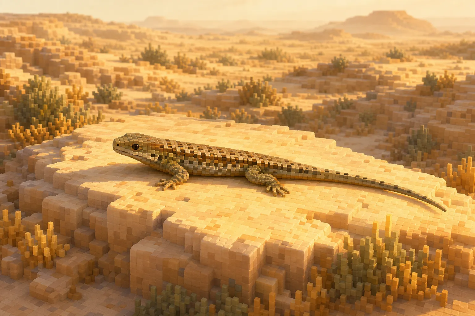 A long lizard basking on a warm pale rock shelf in a golden-hour voxel desert with sparse dry scrub.