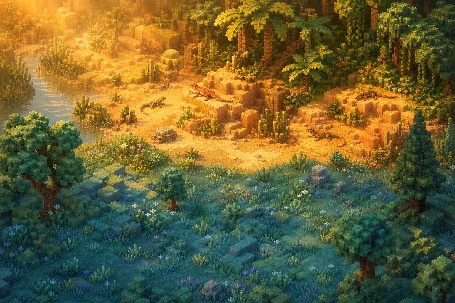 An aerial golden-hour voxel landscape with reptiles scattered across warm desert and tropical zones and absent from a cooler temperate meadow.