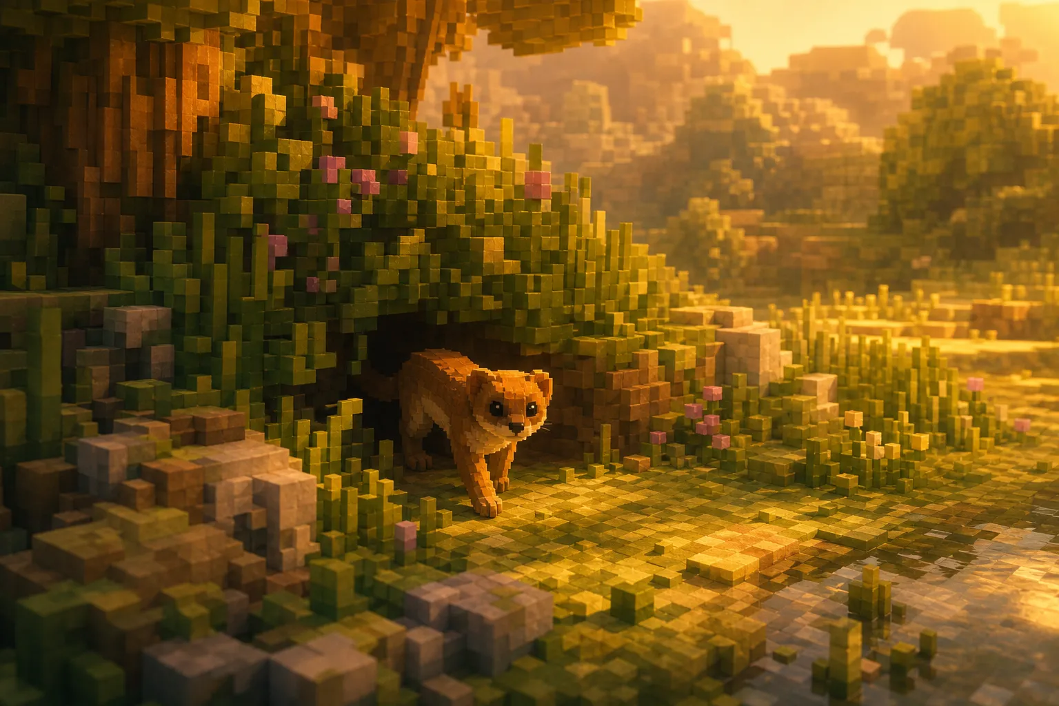 A slender golden-brown weasel-like creature steps from the undergrowth into a sunlit voxel forest clearing at golden hour, small against soft rounded hills and trees.