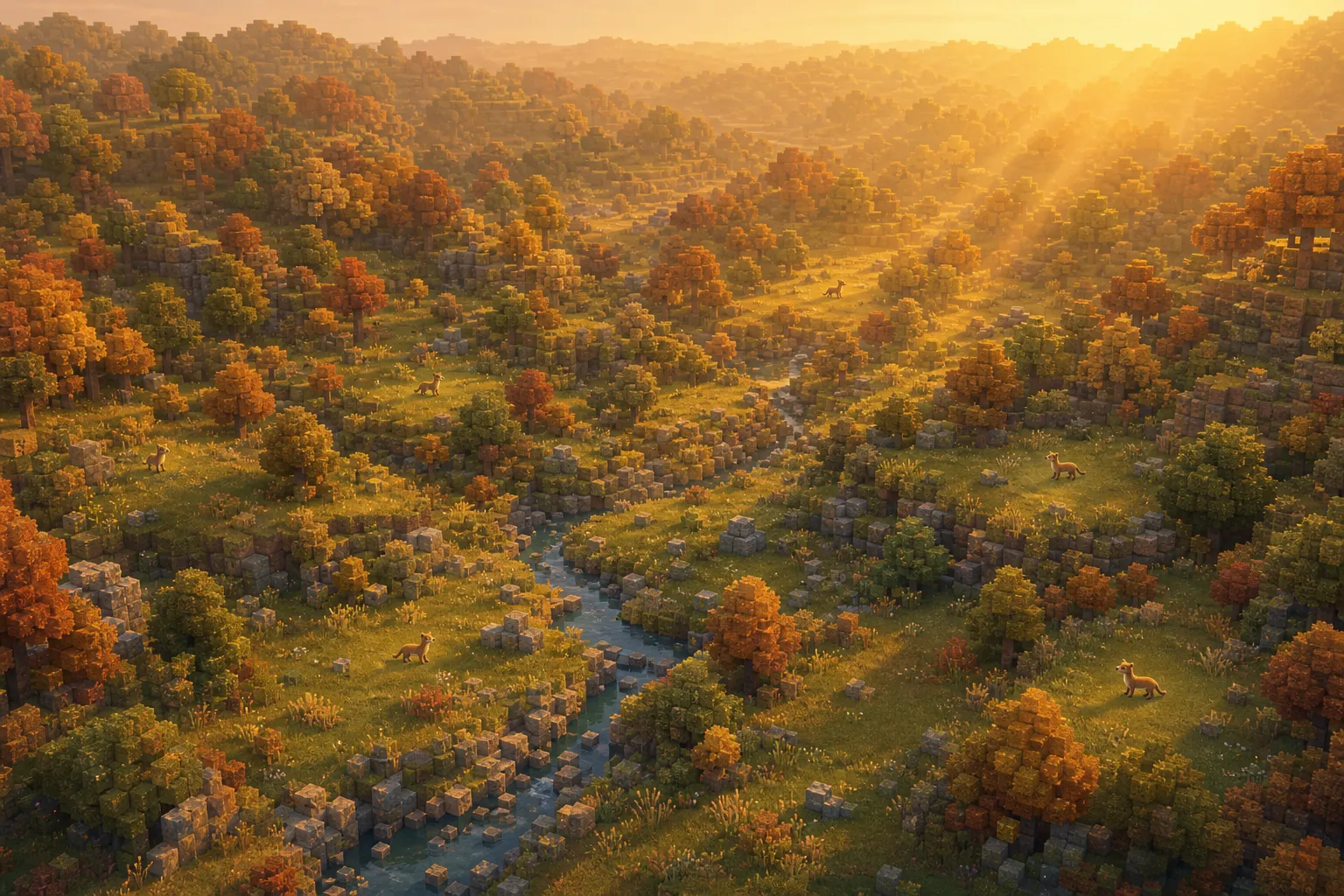 An aerial golden-hour view of a voxel forest with several small slender hunters scattered evenly across the land, each in its own patch of ground.