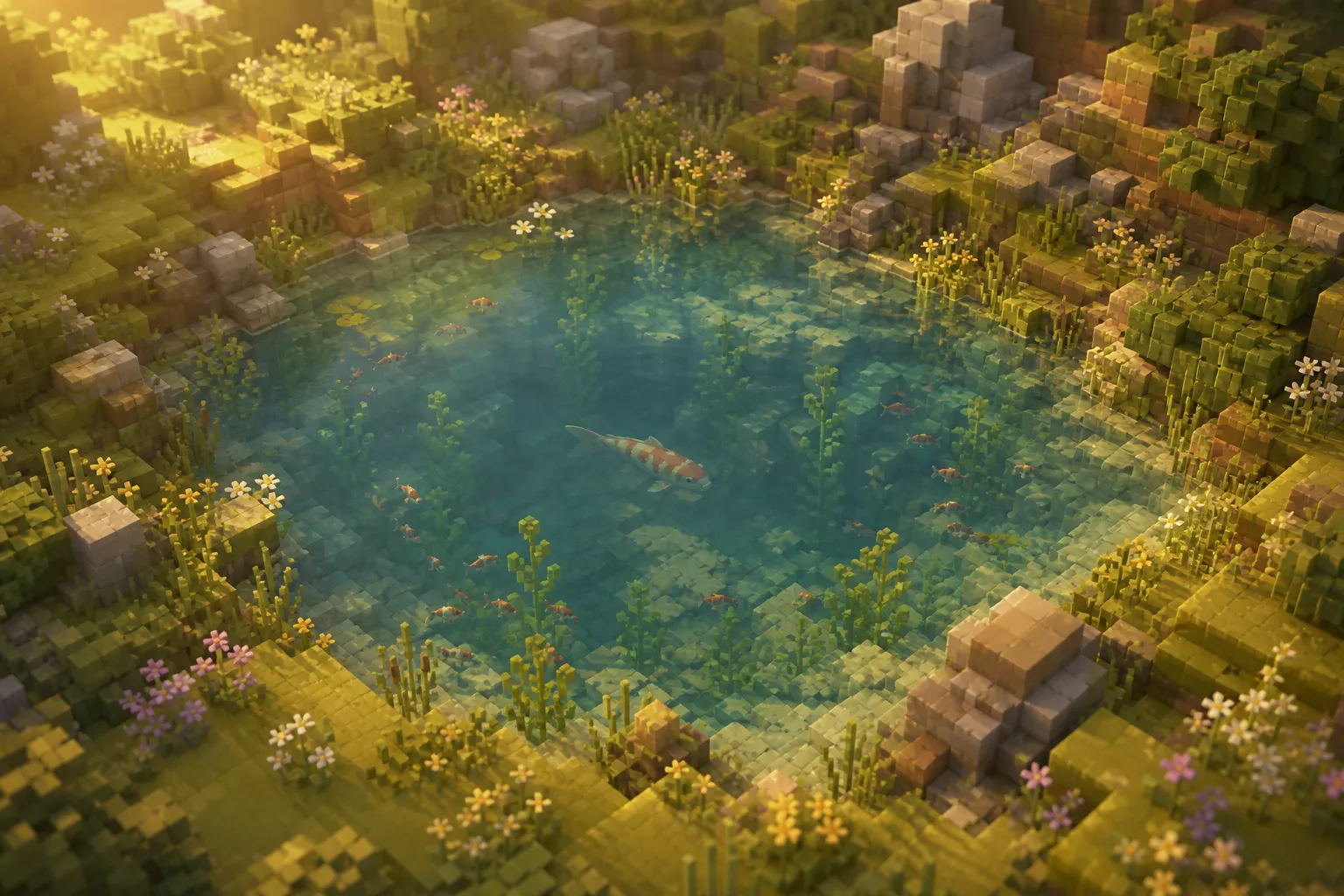 An aerial golden-hour view of a small translucent voxel pond set in soft hills, with underwater plants along the shallow rim, small fish grazing among them, and one larger fish in the deeper water.