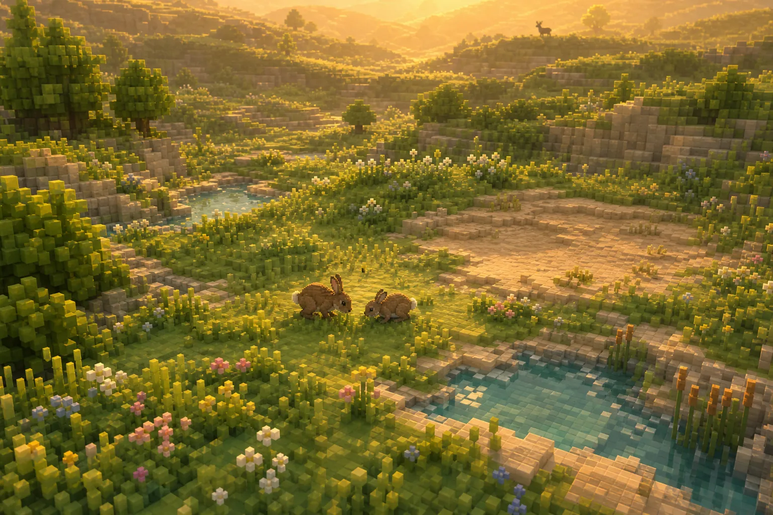 A small mid-spring voxel valley seen from above at golden hour: a pair of small animals grazing at the center, a bare patch of earth to one side, and a lone distant animal silhouette on a far ridge.