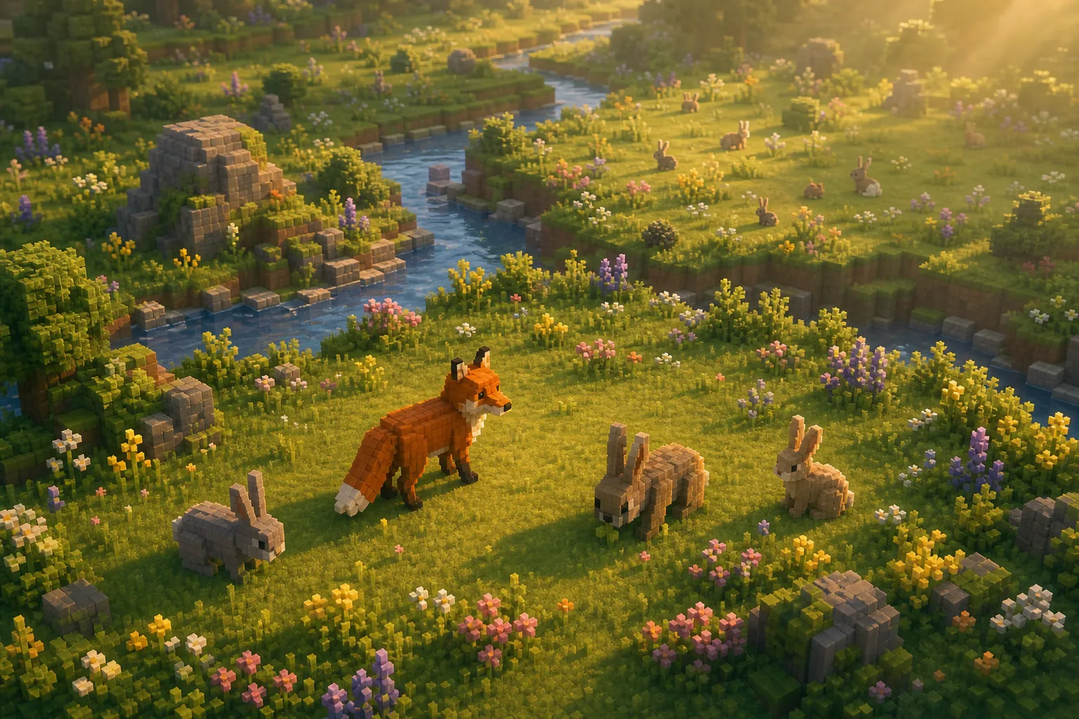 Aerial view of a golden-hour voxel meadow with a single fox near a few grazing rabbits and more rabbits scattered safely across the rest of the meadow.