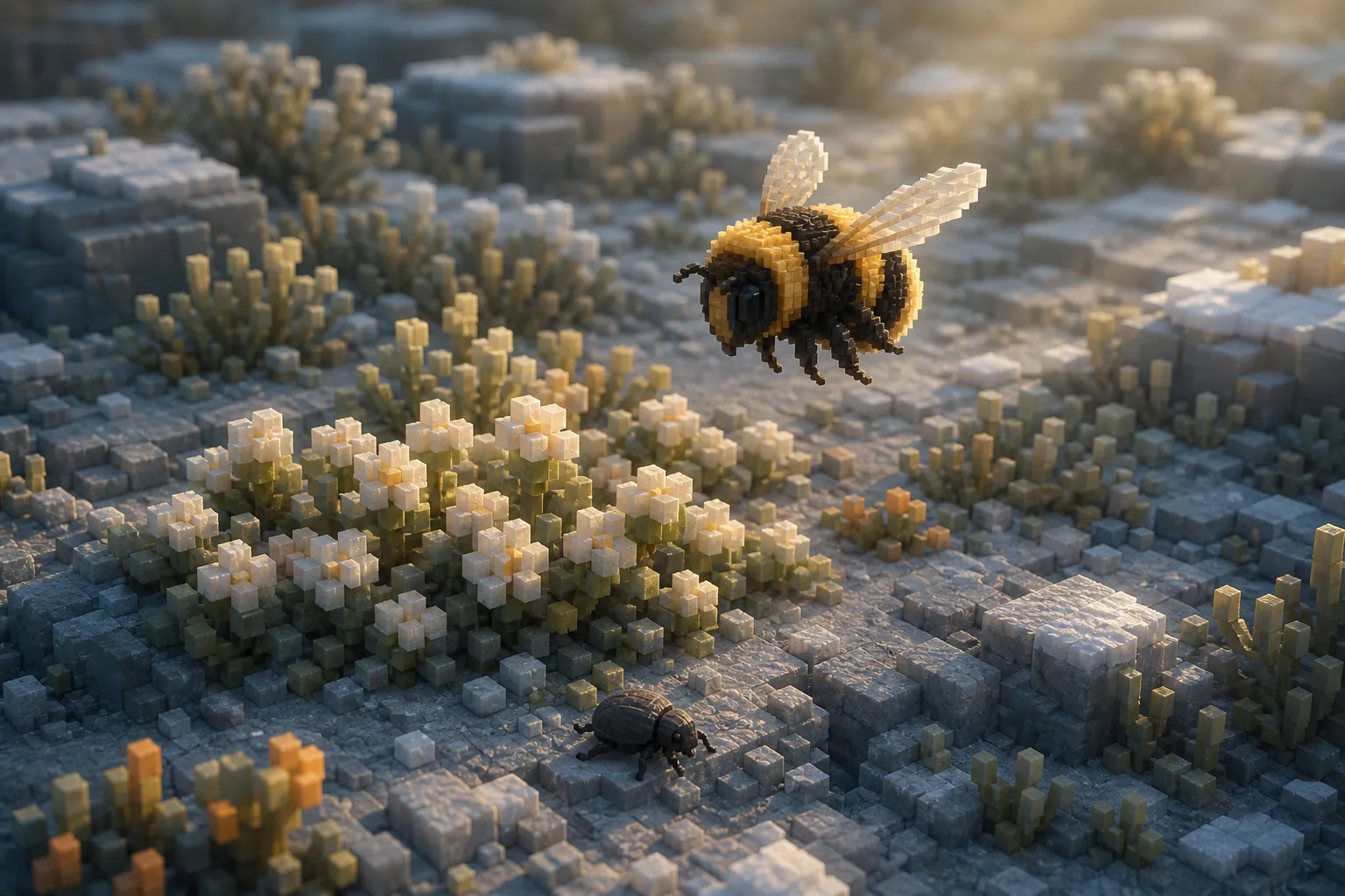 A cold voxel steppe under pale light, low cushion plants and dwarf scrub over stony ground with a stout furred flier above them.