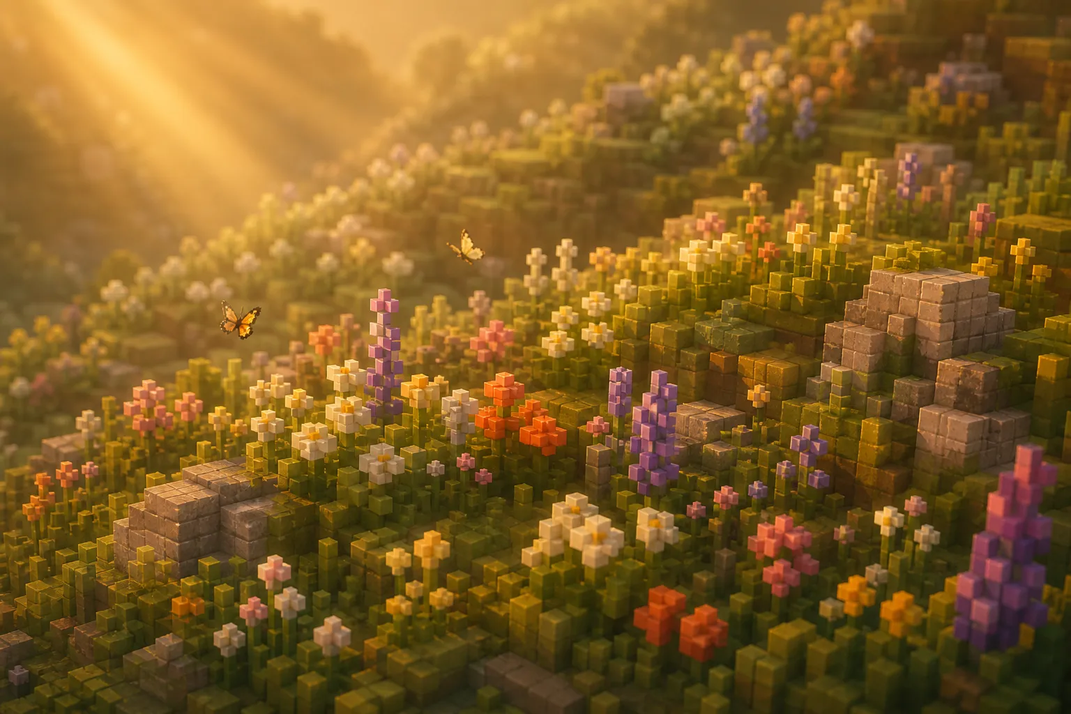 A close view of a warm voxel meadow in golden light, flowering ground cover on a soft slope with tiny winged shapes drifting above it.