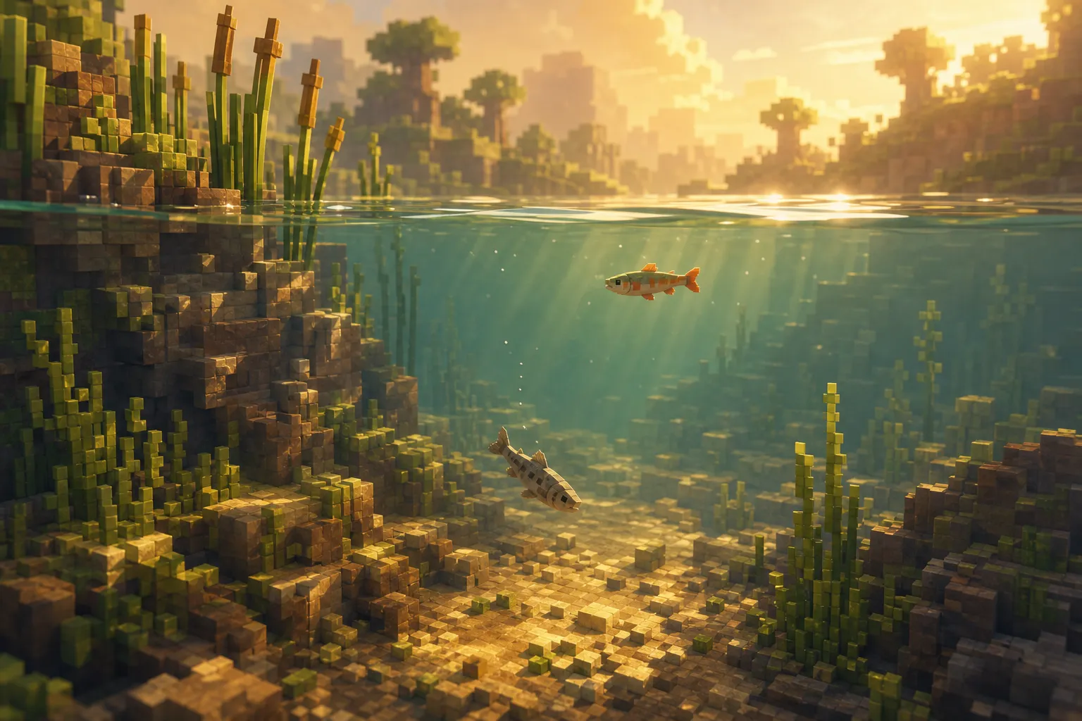 Side view through the clear water of a golden voxel lake: one small fish descending toward the shadowed bed while another hovers near the sunlit surface, showing the full depth of the water column.
