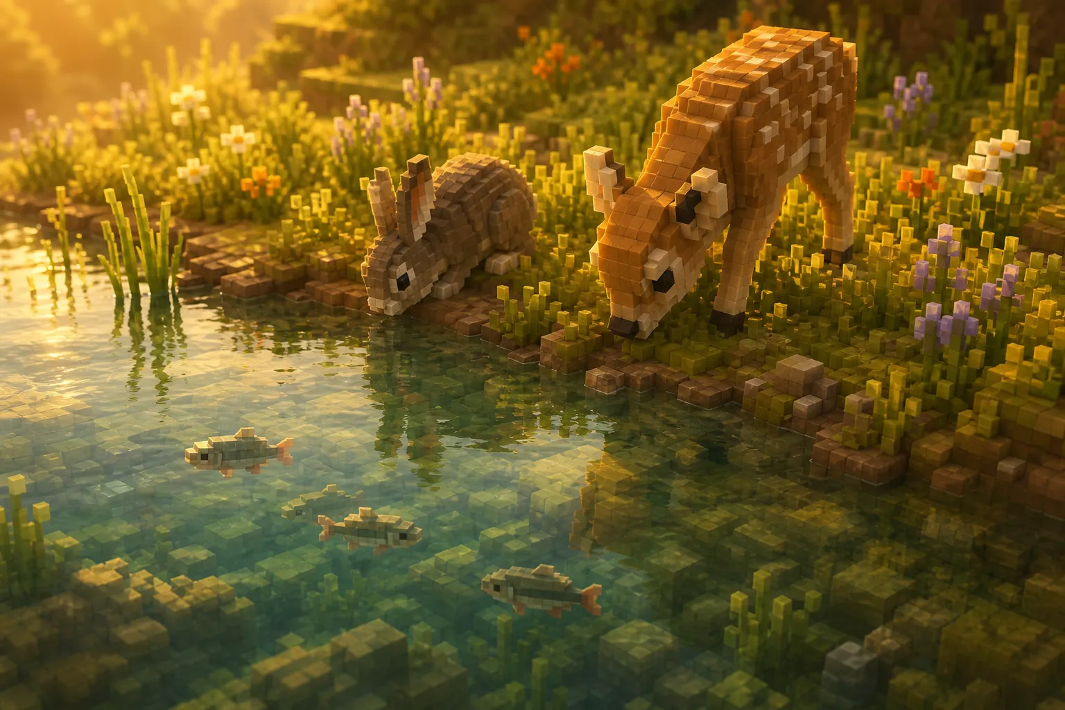 A golden-hour voxel shoreline where small land animals graze on a grassy bank above the water and small fish hold in the clear pond below, divided at the water’s edge.