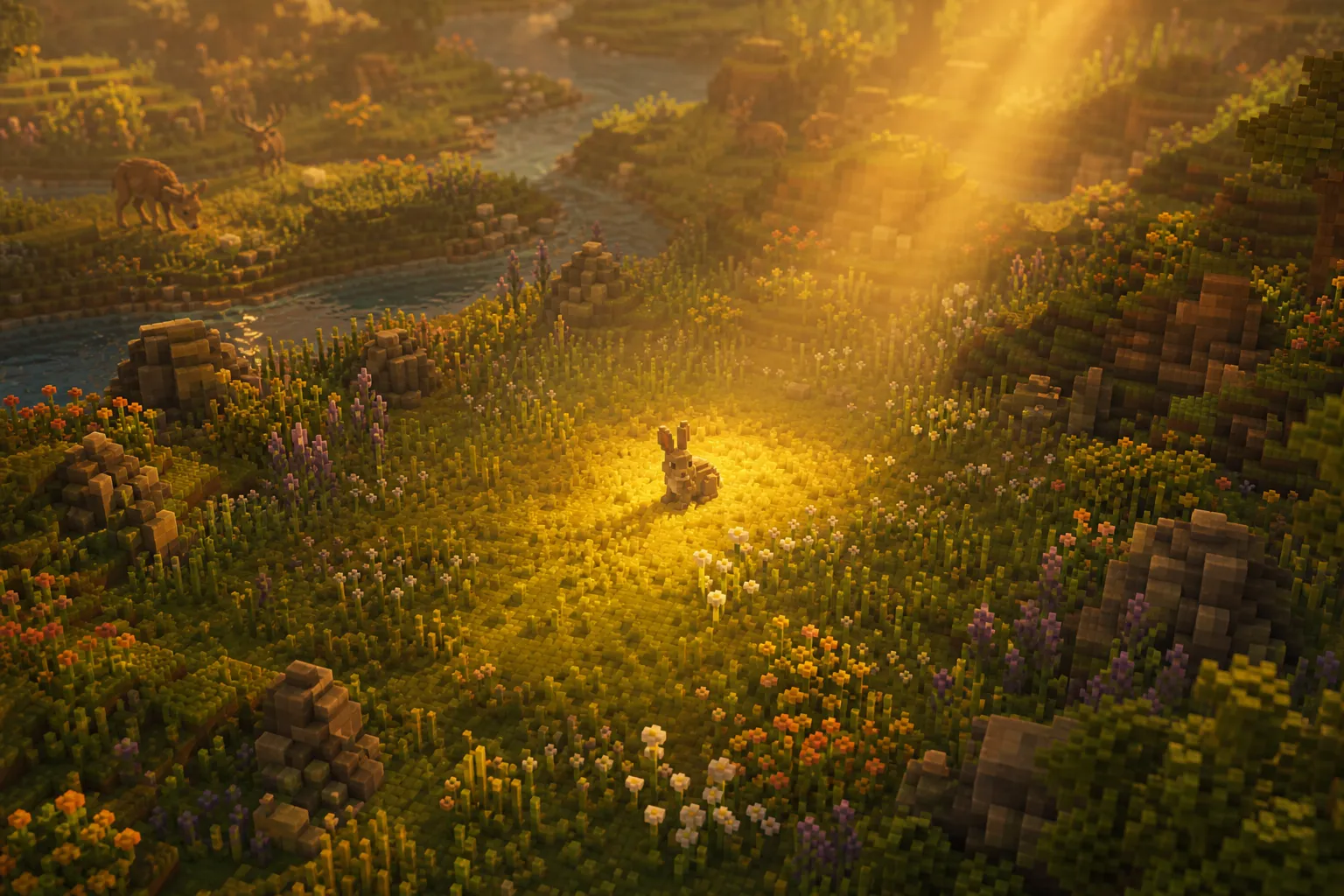 An aerial golden-hour view of a soft voxel meadow with a single small animal standing alone in a clearing, lit by a gentle warm shaft of light, the surrounding wild land softer and dimmer around it.