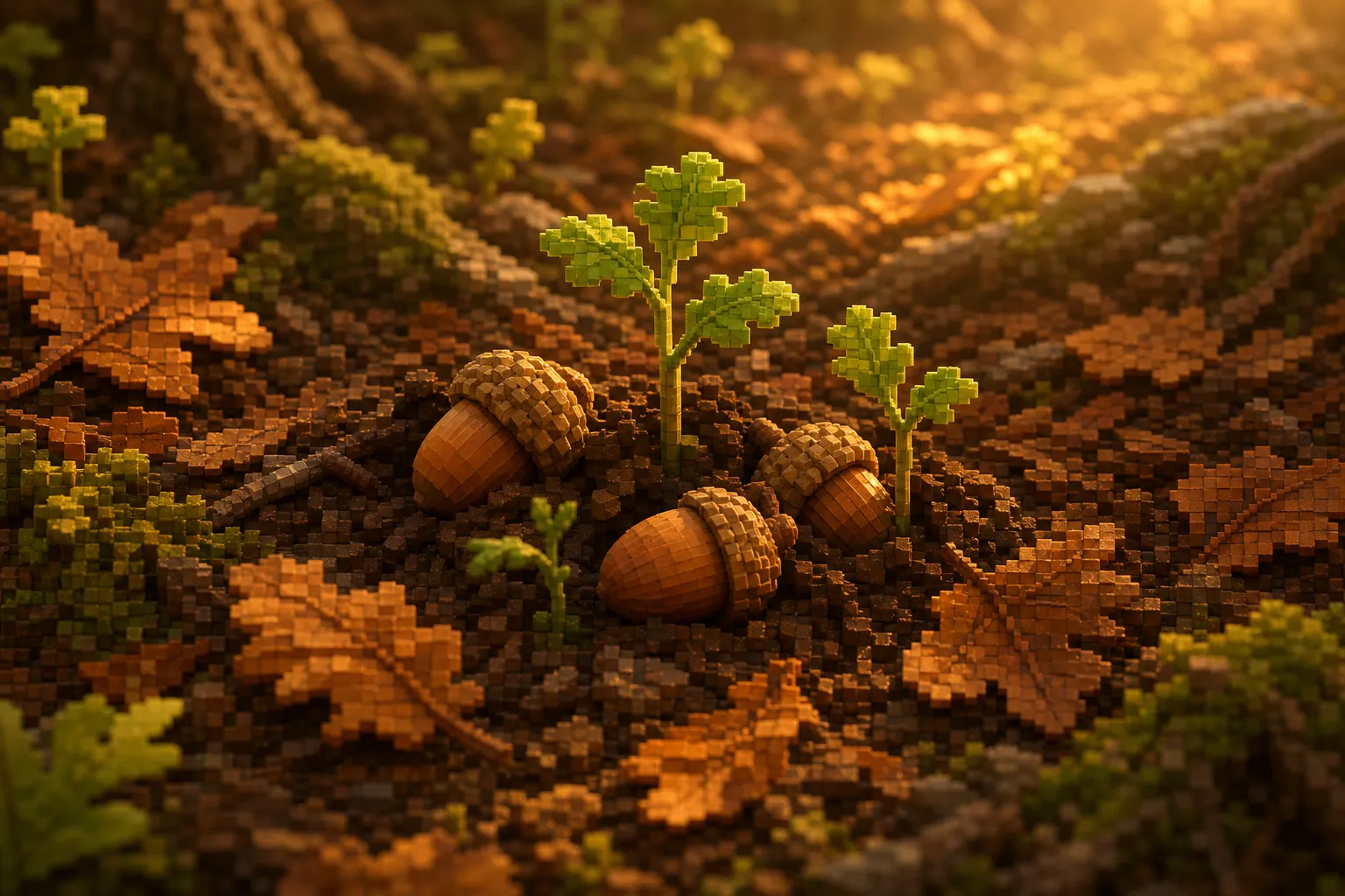 Close-up of fallen acorns resting in dark forest-floor leaf litter beneath an autumn oak canopy, with a few small green seedling shoots emerging from the soil nearby.