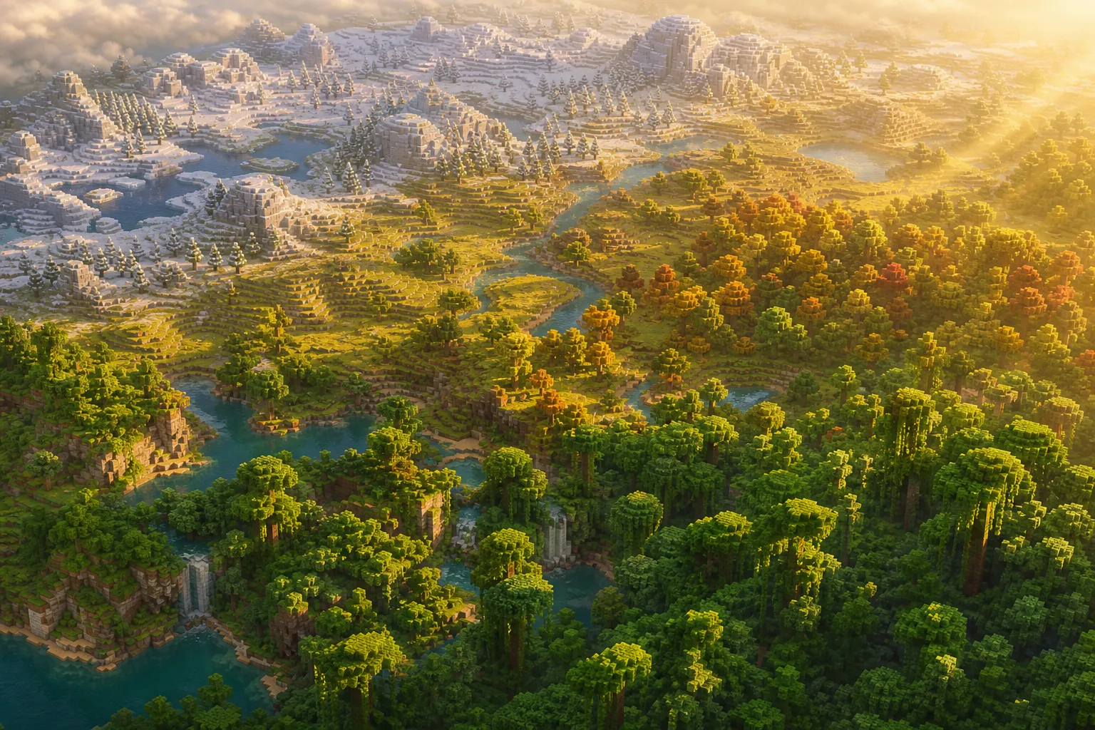 An aerial view of a soft voxel landscape at golden hour shading from snowy tundra in the north through open woodland to dense jungle in the south.
