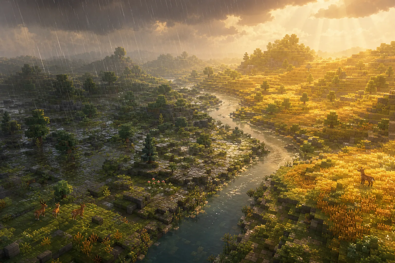 An aerial view of a soft band of rain drifting across golden-hour voxel hills, the land dark and wet beneath it and bright and clear beyond its fading edge.