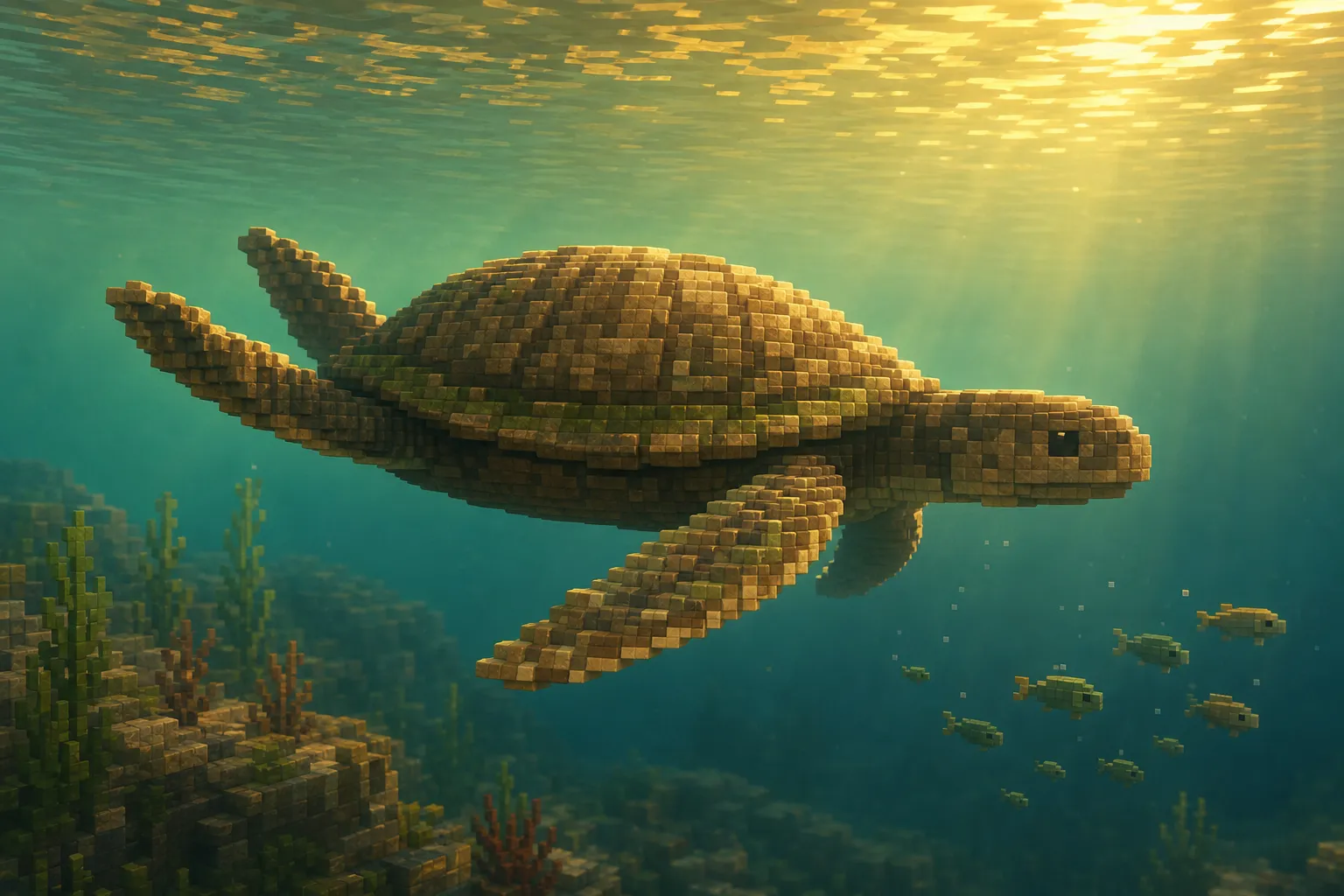 A large shelled swimmer gliding just under the surface of a clear golden lake, its front flippers sweeping down and back while the rear pair lifts up and forward.