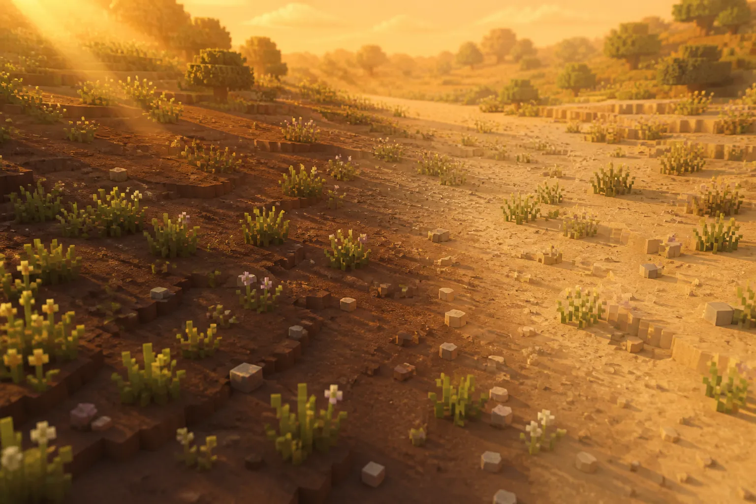 A voxel valley where patches of bare soil show a visible gradient from dark, rich earth to pale, worn ground.