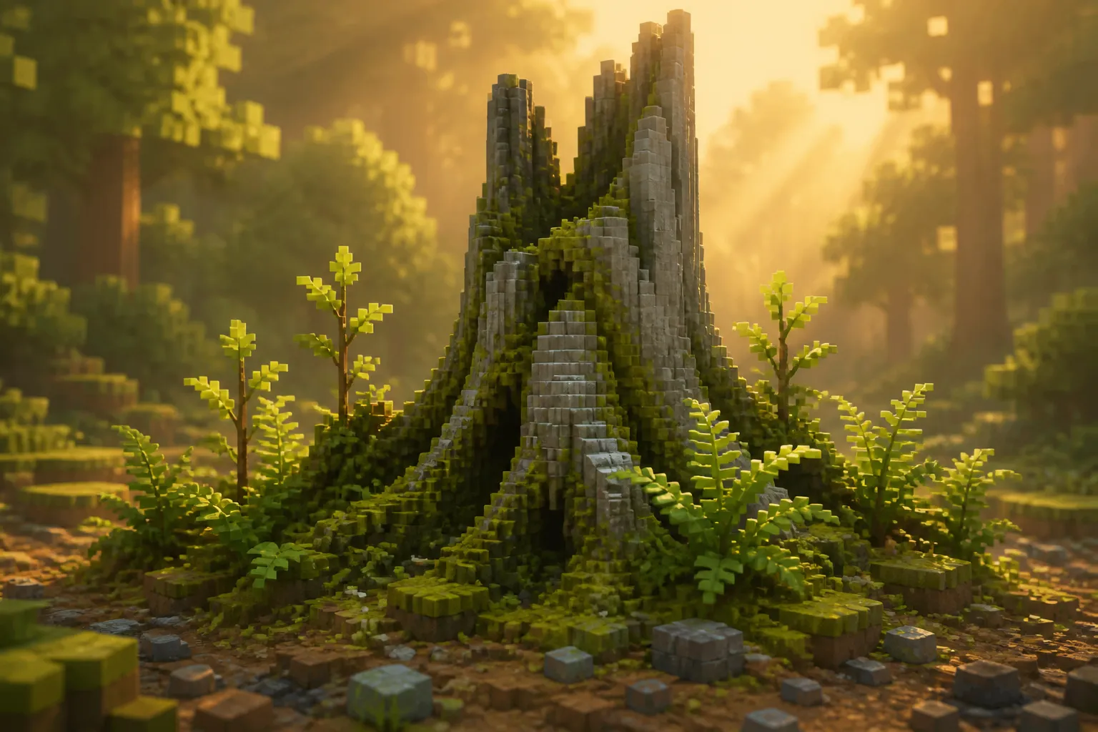 A weathered, moss-covered dead tree standing upright in a sunlit forest clearing, with young ferns and saplings growing at its base.