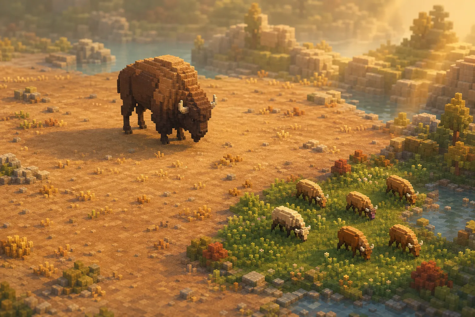 Aerial golden-hour view of a lean voxel landscape: one large grazing animal alone on wide bare ground, several small grazers clustered on a smaller green patch nearby.