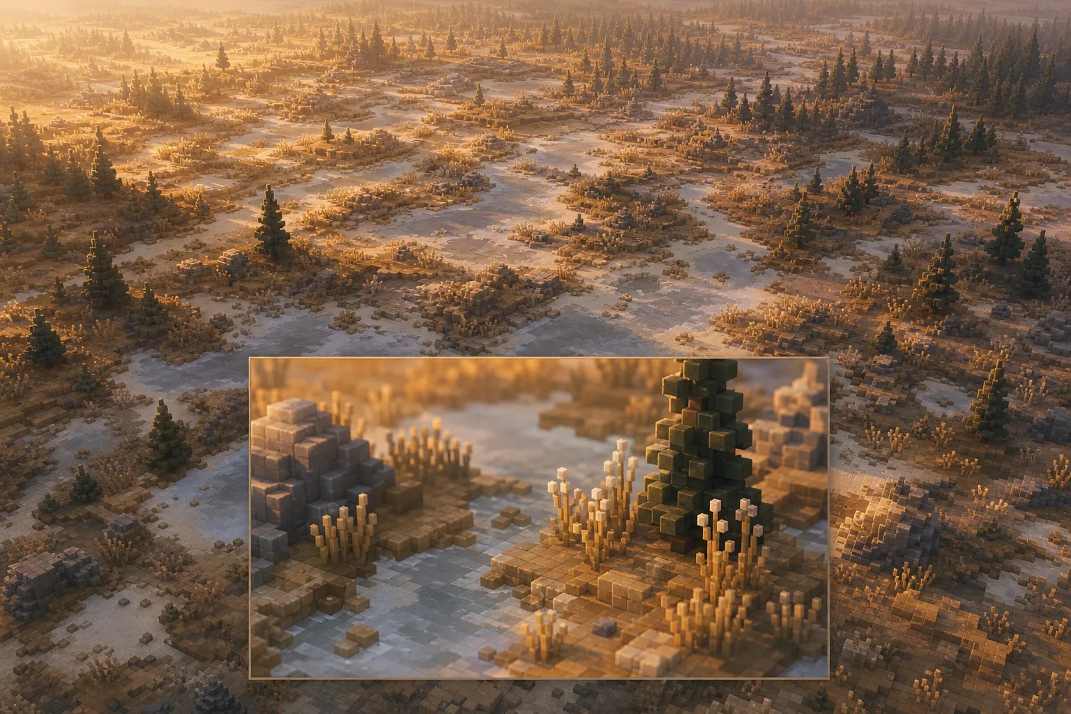 Aerial golden-hour view of a sparse, cold voxel steppe with thin dry grass, patches of bare frozen ground, and a few scattered dark conifers under low pale winter light.