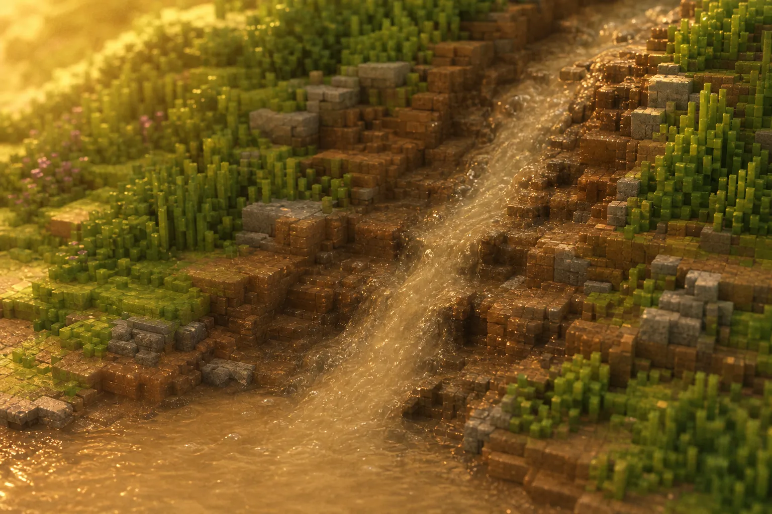 A close golden-hour view of a voxel hillside where a swollen, silt-clouded stream runs down a shallow channel it has cut, carrying pale material downhill.