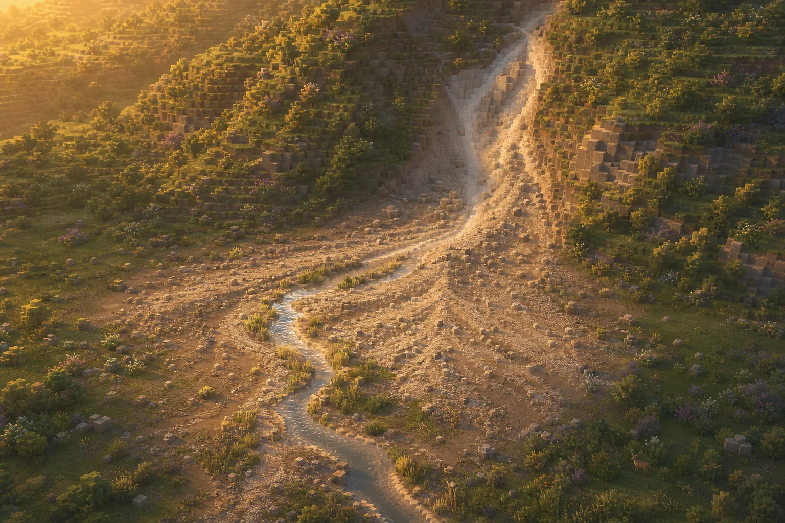 An aerial golden-hour view of a voxel hillside where water has cut a pale channel down the slope and spread a fan of deposited material across the flat ground below.