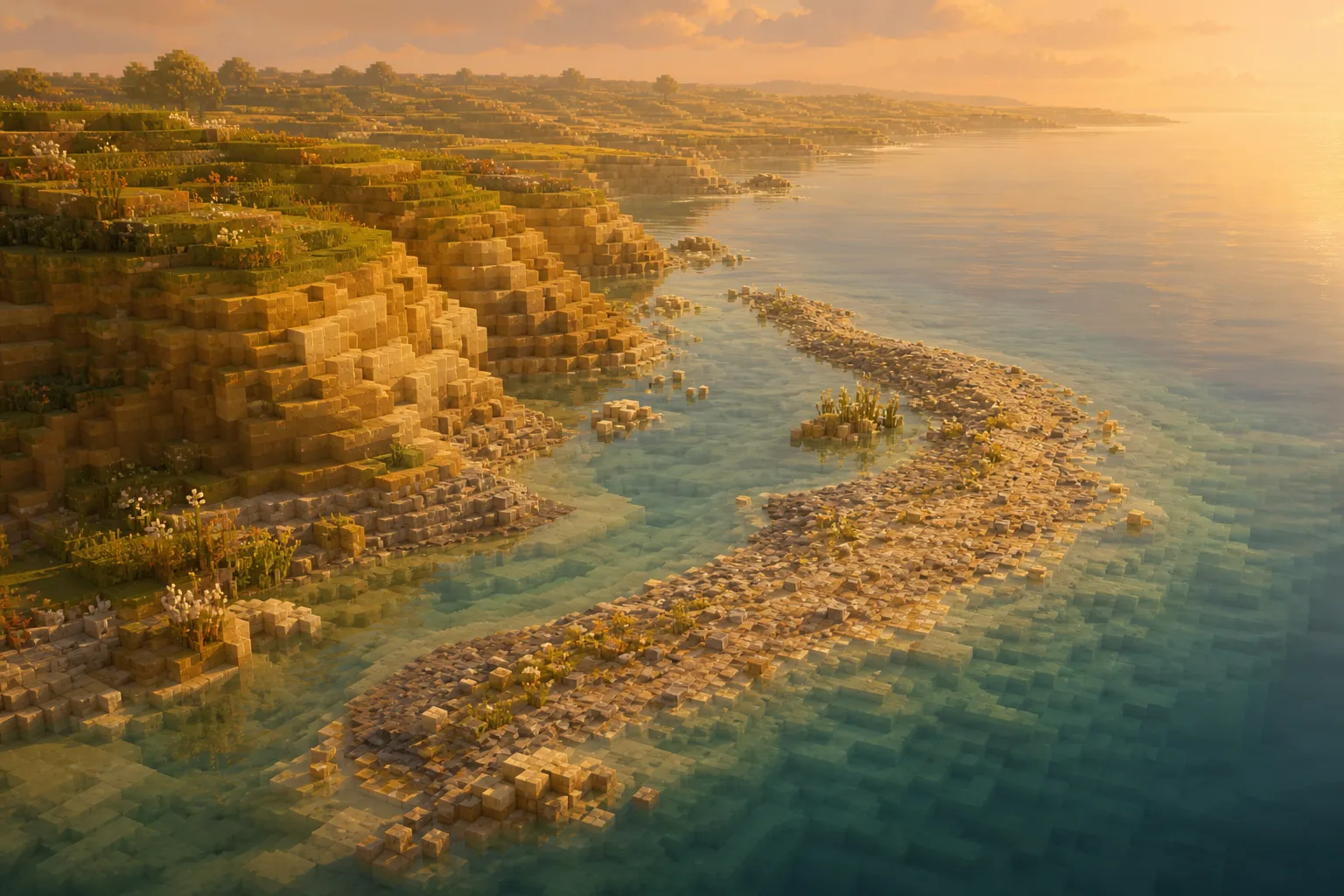 An aerial golden-hour view of a voxel coastline with worn, stepped low bluffs and a long spit of deposited ground reaching into shallow water.