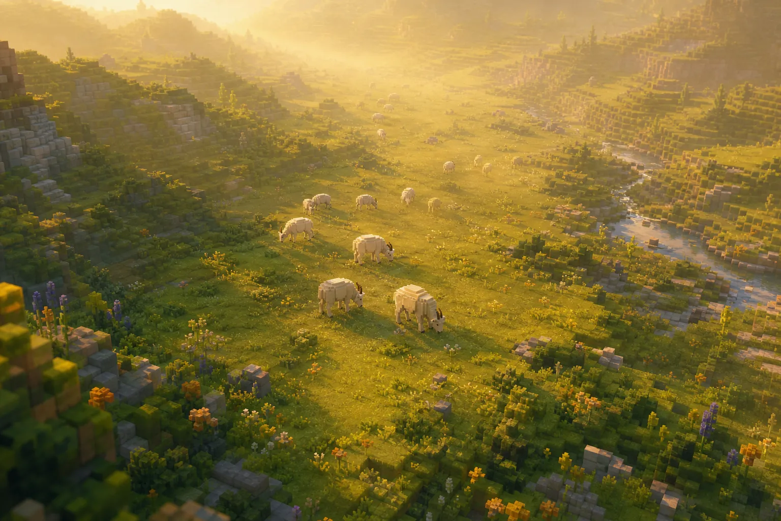 A golden-hour voxel valley seen from above where a small herd of pale grazing animals in the middle distance dissolves into warm haze toward the far edge, the farthest animals fading to almost nothing.