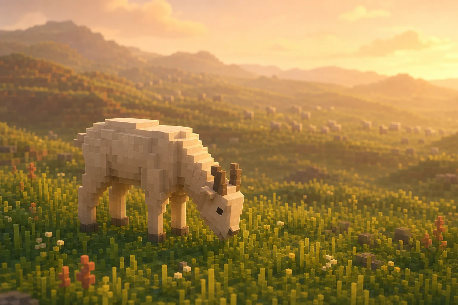 A single pale voxel grazing animal standing sharp and clear in a sunlit foreground meadow at golden hour, with a distant herd blurred into warm haze on the far hills behind it.
