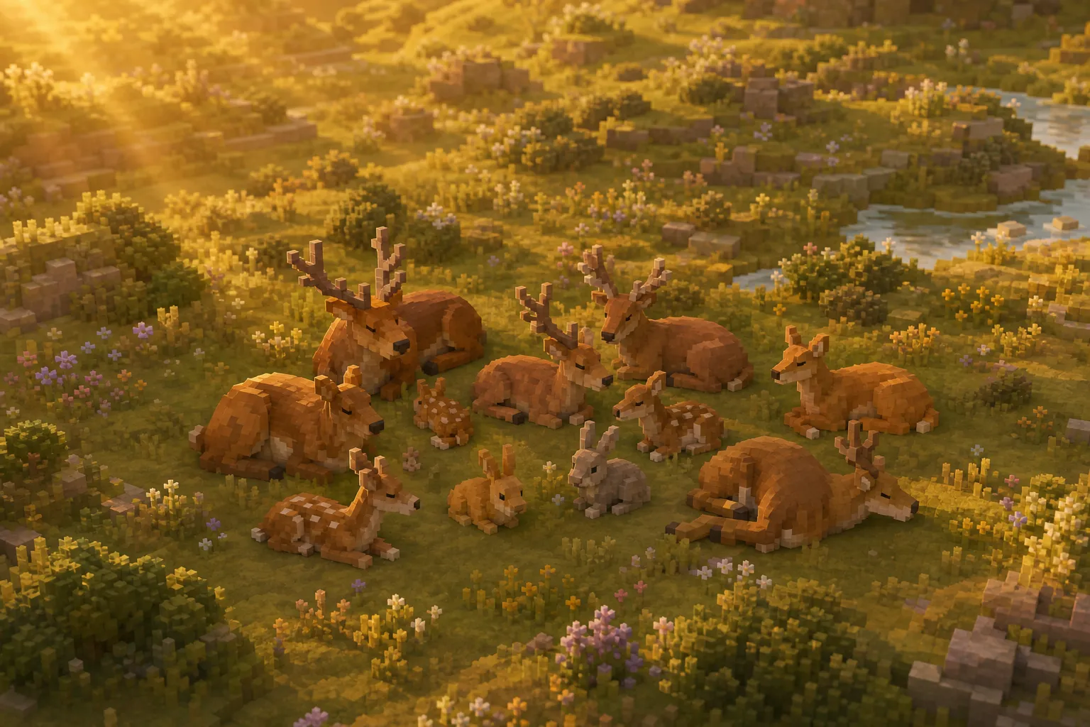 An aerial golden-hour view of a herd resting together in a calm, distant voxel meadow.