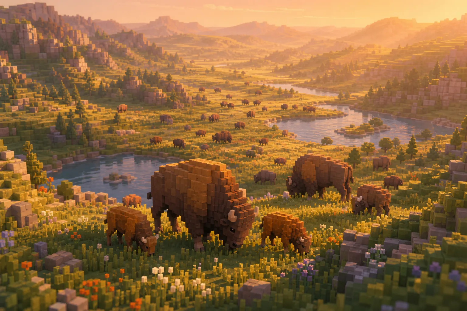 An aerial golden-hour view of a voxel valley; a herd grazes near the distant horizon and blurs into haze at the far edge.