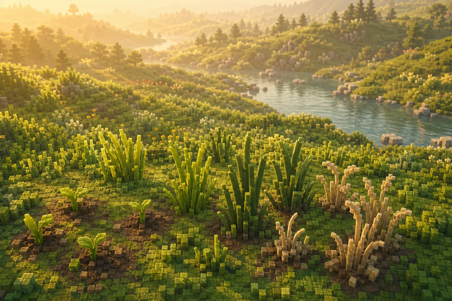 A calm golden-hour voxel meadow thick with grass at many different heights, from fresh seedlings to tall mature blades, across soft rounded hills with a river beyond.
