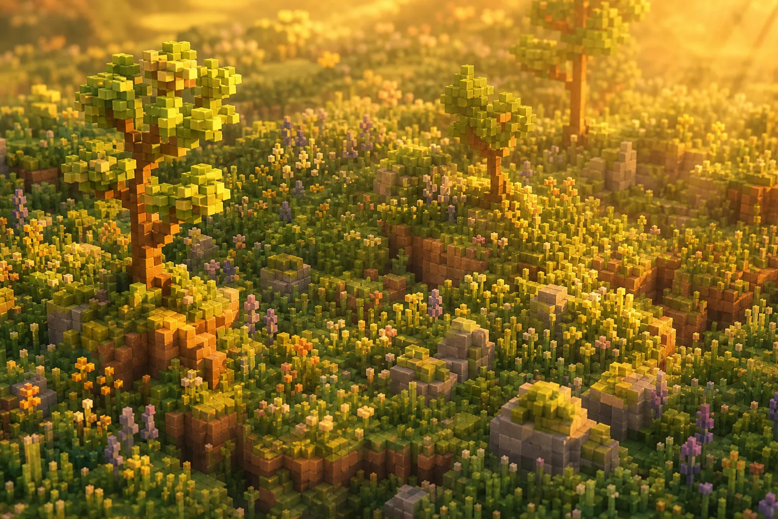 An aerial golden-hour view of a dense voxel meadow full of grass and young trees, bathed in soft warm light with gentle haze in the distance.