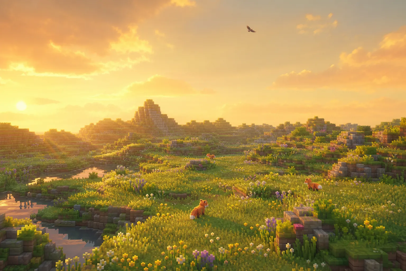 Aerial golden-hour view of a voxel meadow with a few foxes scattered below and one lone bird of prey wheeling high overhead, far smaller and rarer than everything beneath it.