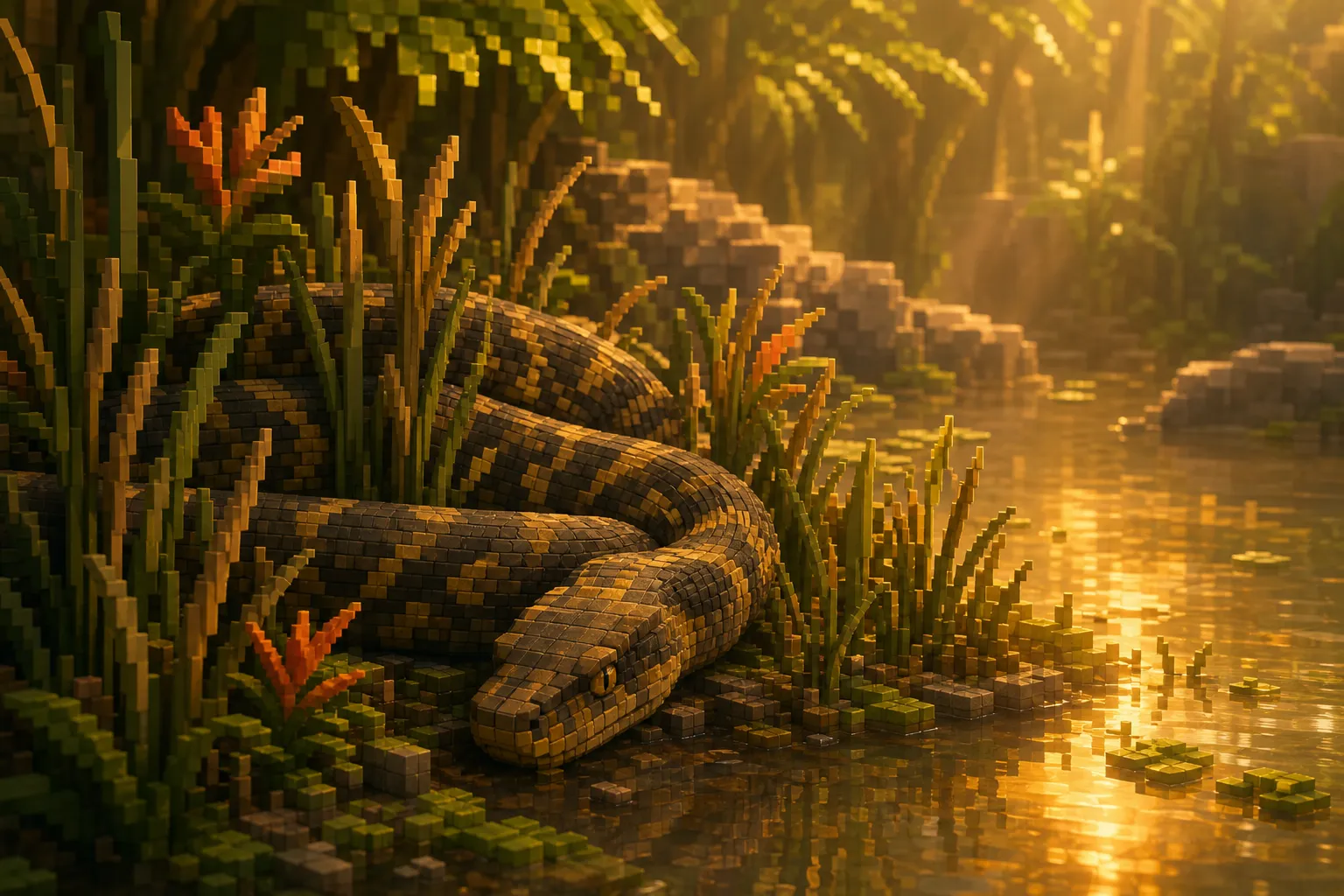 A large snake lying motionless and half-hidden among reeds at the edge of a calm pool in a golden-hour tropical wetland.