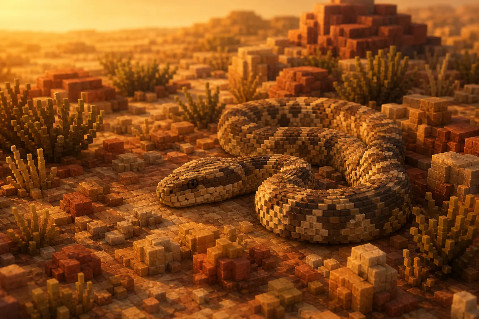 A large snake coiled among warm rocks and sparse thorny brush on hot, dry open ground at golden hour.