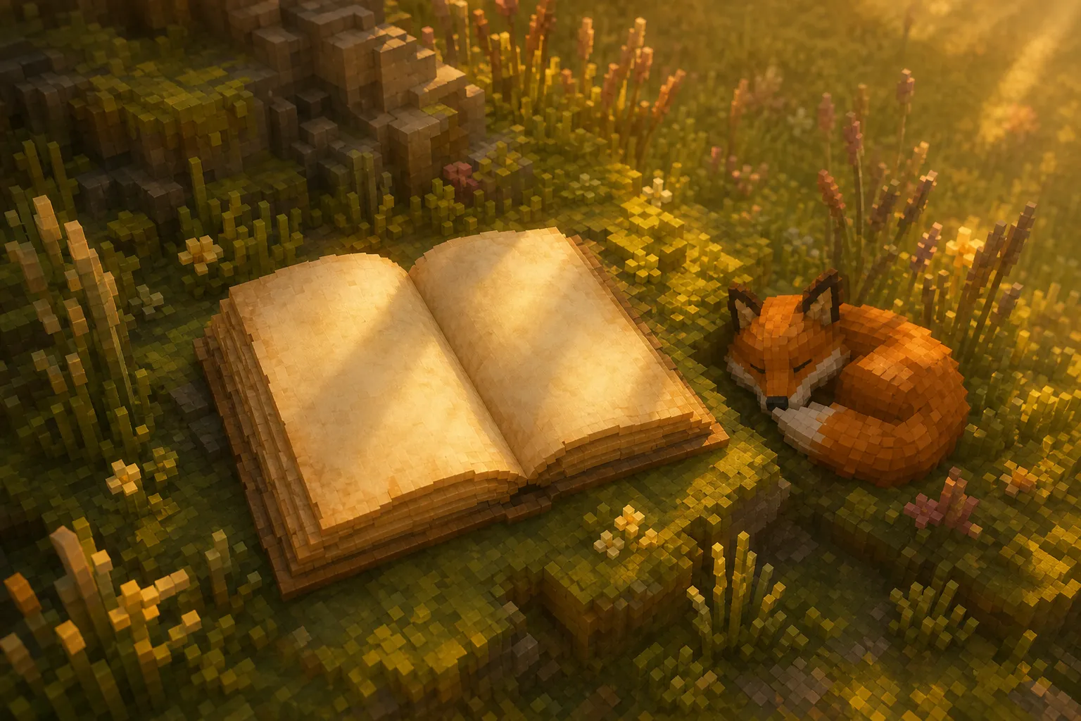 A warmly lit, open chronicle-like page resting on mossy voxel ground at golden hour, a soft shaft of light across it, wild grass and a small curled fox nearby, the page bearing no readable text.