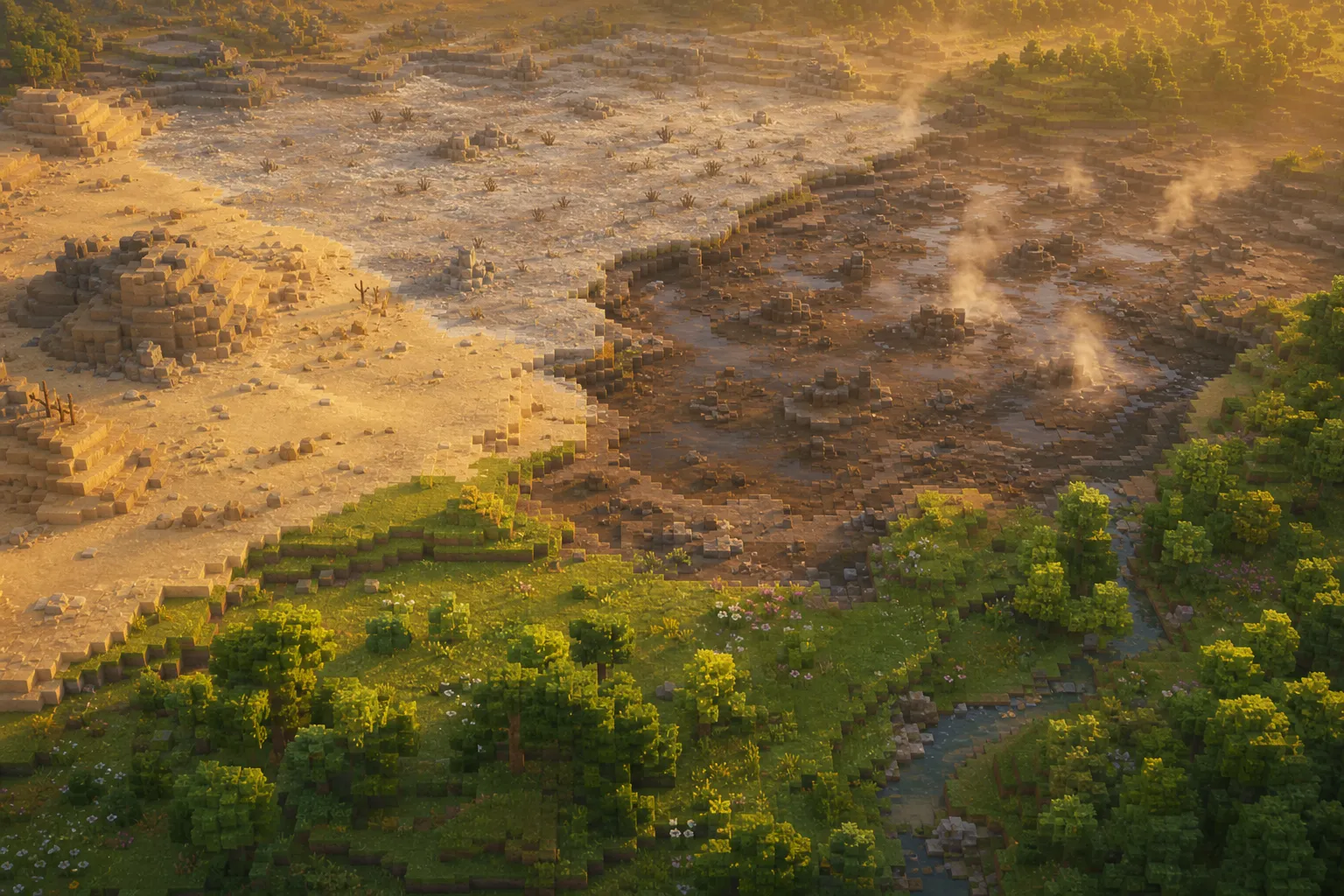 Aerial golden-hour view of a voxel landscape where bare desert, bare cold grassland, and bare wet tropical lowland meet a thriving green meadow and forest.