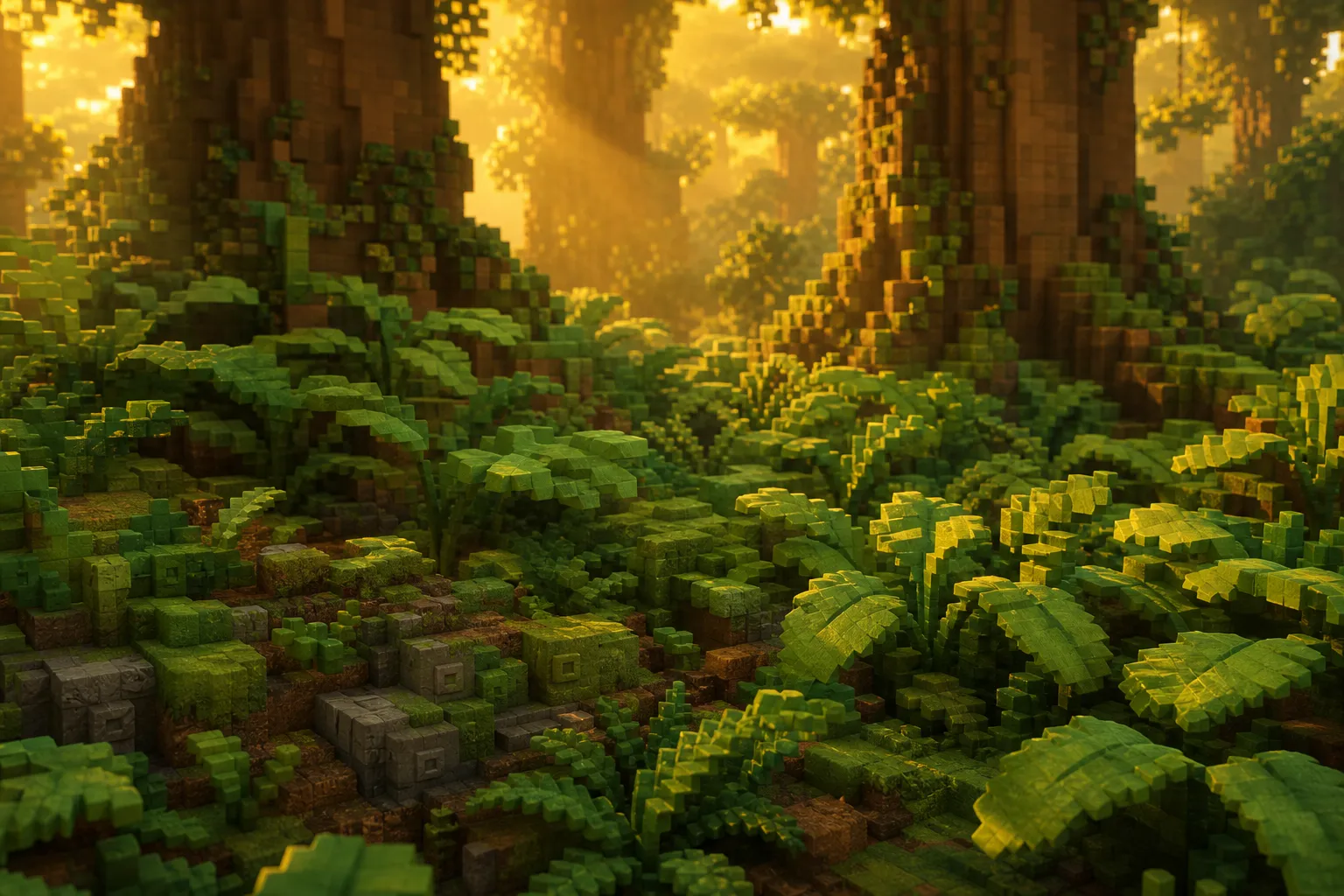 Close golden-hour view of a tropical voxel forest: a few tall canopy trees far apart over a dense carpet of broad-leaved ground-cover plants and ferns.